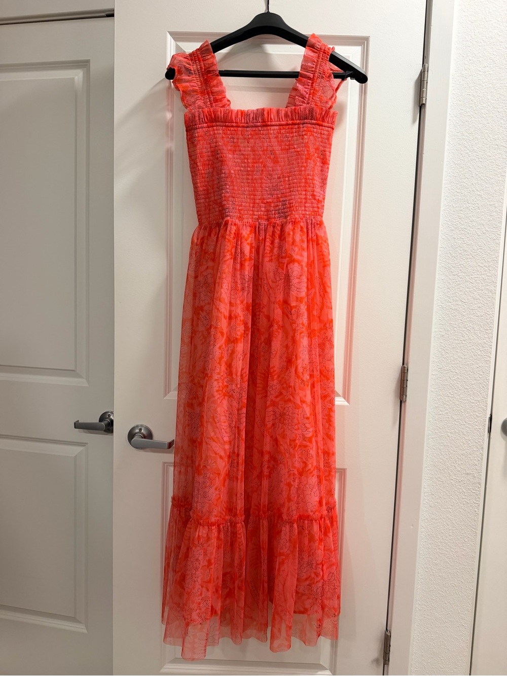 MELLODAY Coral Smocked Maxi Dress with Ruffle Straps